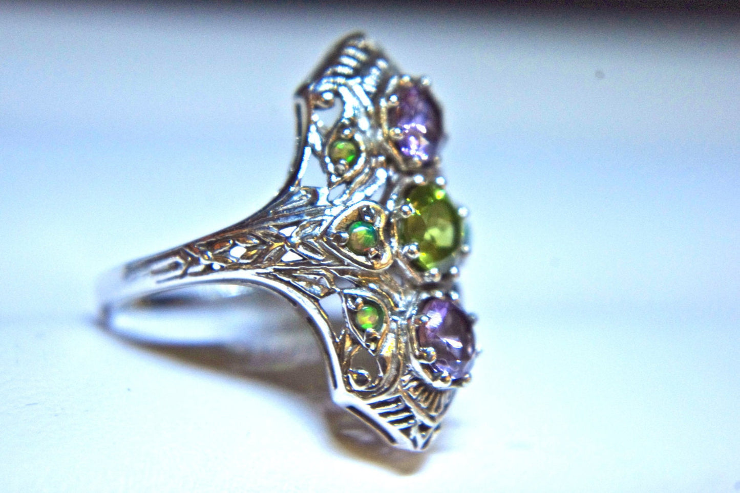 Victorian Revival Sterling Amethyst, Peridot & Green Fire Opal Long Edwardian Filigree Ring