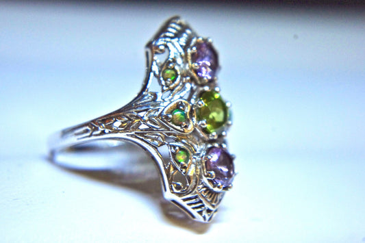 Victorian Revival Sterling Amethyst, Peridot & Green Fire Opal Long Edwardian Filigree Ring