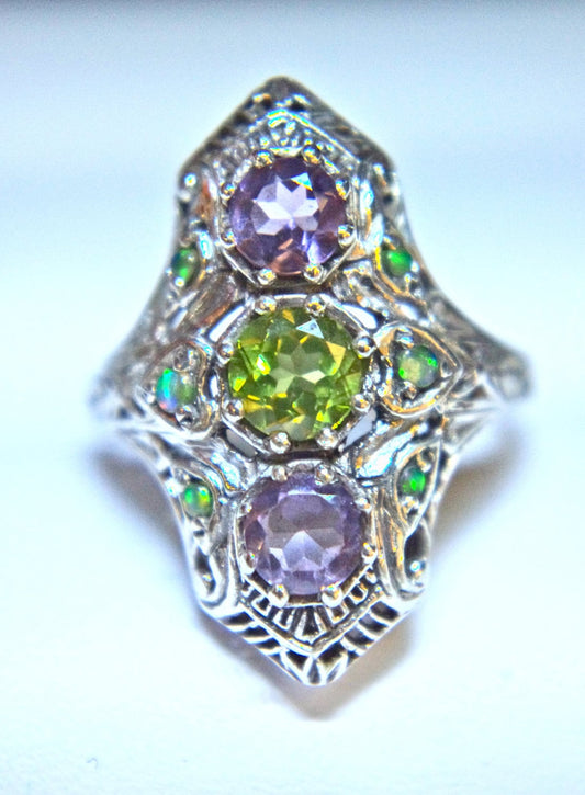 Victorian Revival Sterling Amethyst, Peridot & Green Fire Opal Long Edwardian Filigree Ring