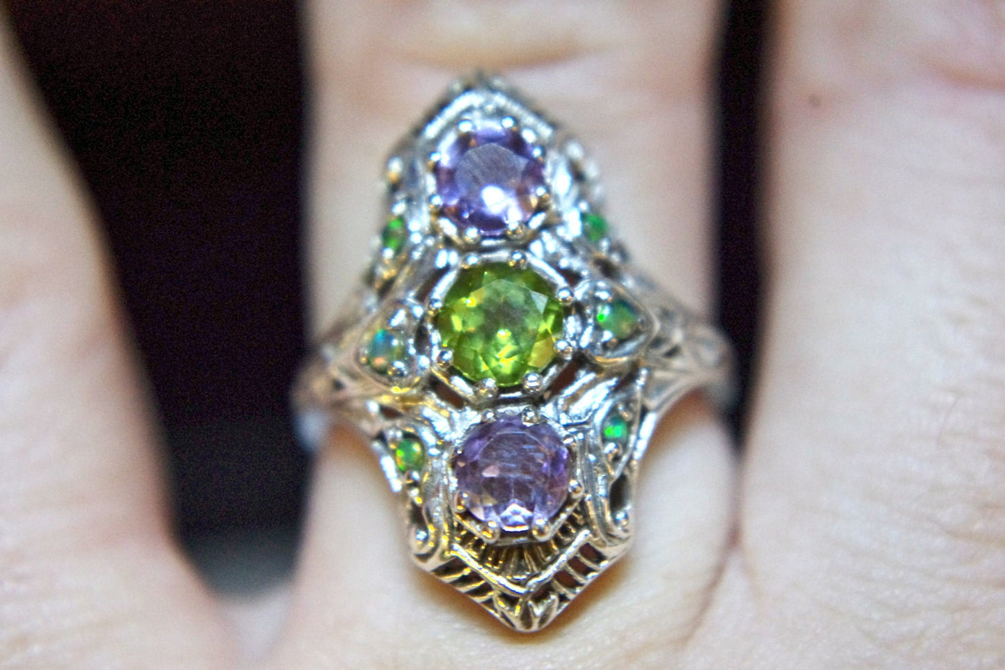 Victorian Revival Sterling Amethyst, Peridot & Green Fire Opal Long Edwardian Filigree Ring