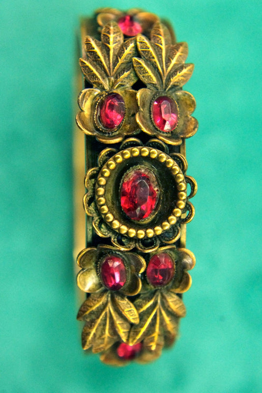Embossed Art Nouveau Brass Hinged Bangle Bracelet with Ruby Red Czech Crystal & Art Glass