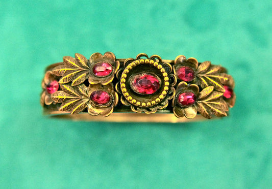 Embossed Art Nouveau Brass Hinged Bangle Bracelet with Ruby Red Czech Crystal & Art Glass
