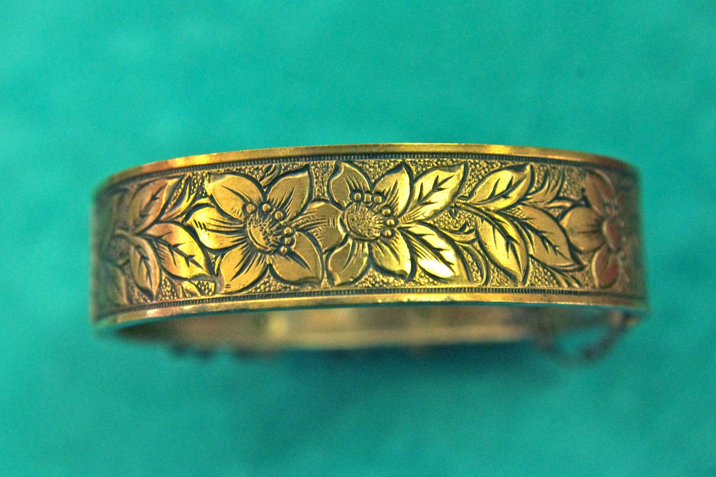 Embossed Art Nouveau Brass Hinged Bangle Bracelet with Ruby Red Czech Crystal & Art Glass