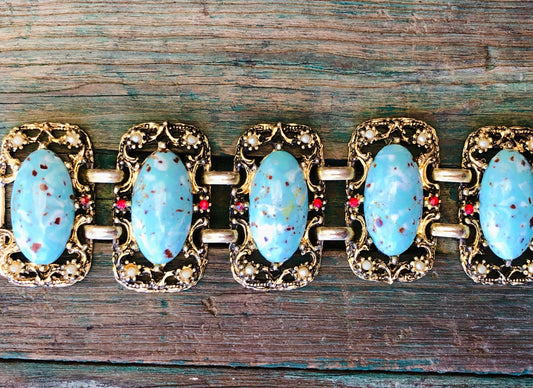 Turquoise Hubbell Glass Chunky Gold Panel Bracelet w/ Ruby Crystal & Earring Set