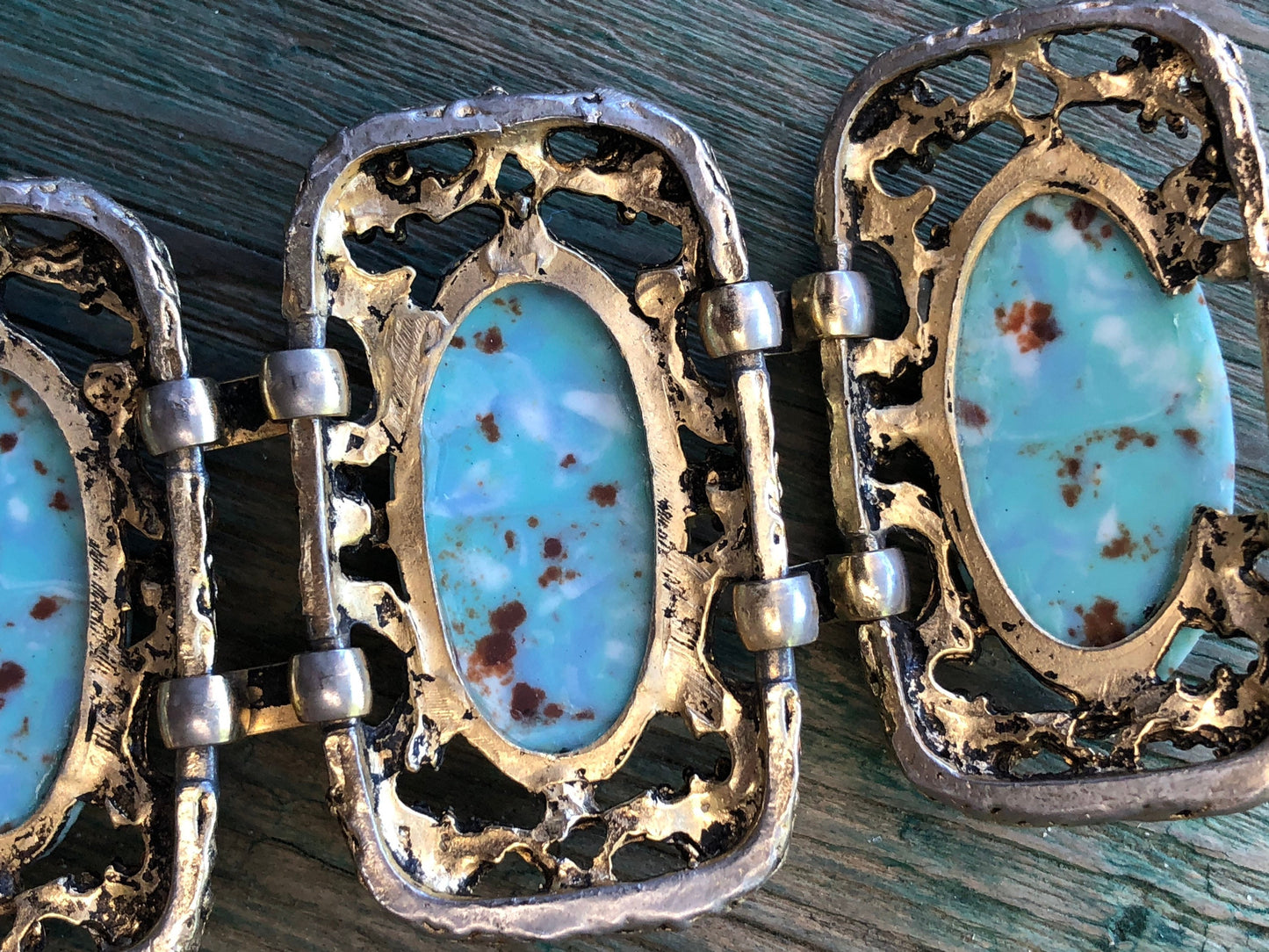 Turquoise Hubbell Glass Chunky Gold Panel Bracelet w/ Ruby Crystal & Earring Set
