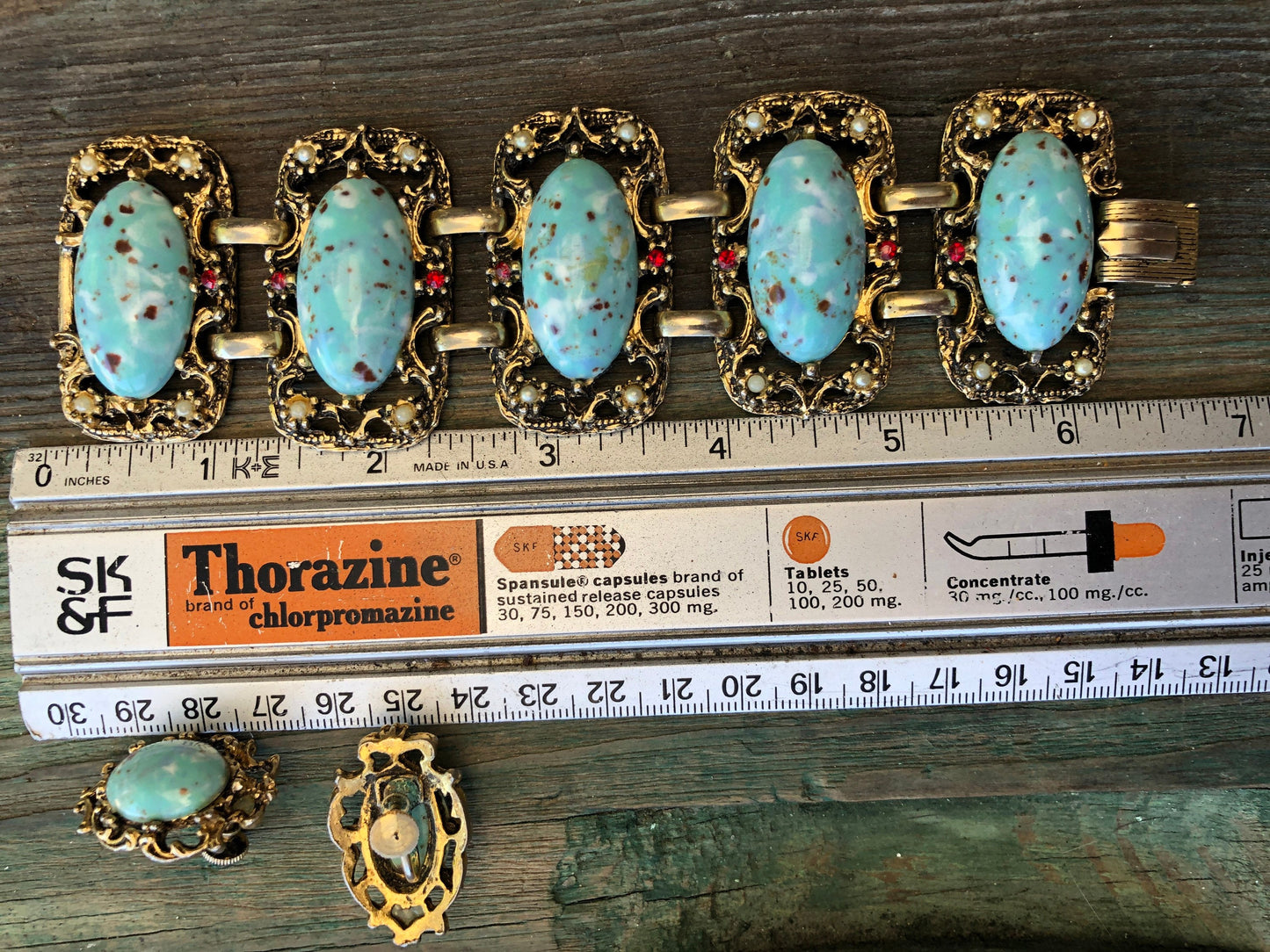 Turquoise Hubbell Glass Chunky Gold Panel Bracelet w/ Ruby Crystal & Earring Set