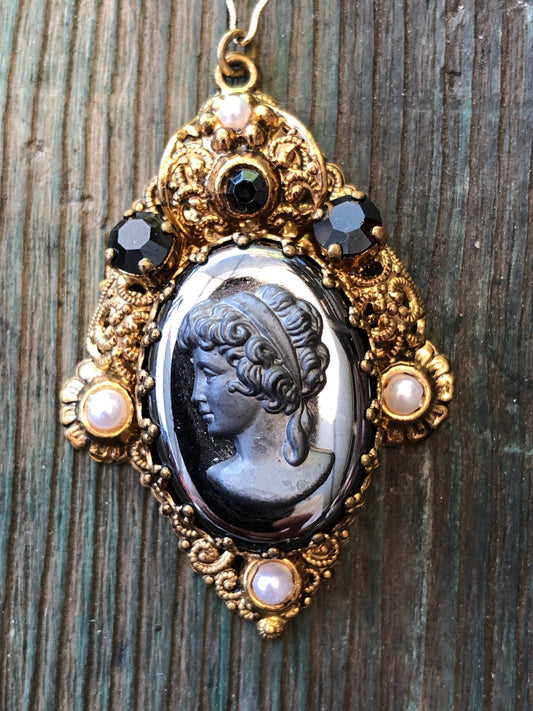 Unique Triangular Vintage West German Black Hematite Art Glass & Crystal Cameo Necklace in Gold Filigree on Textured Gold Chain