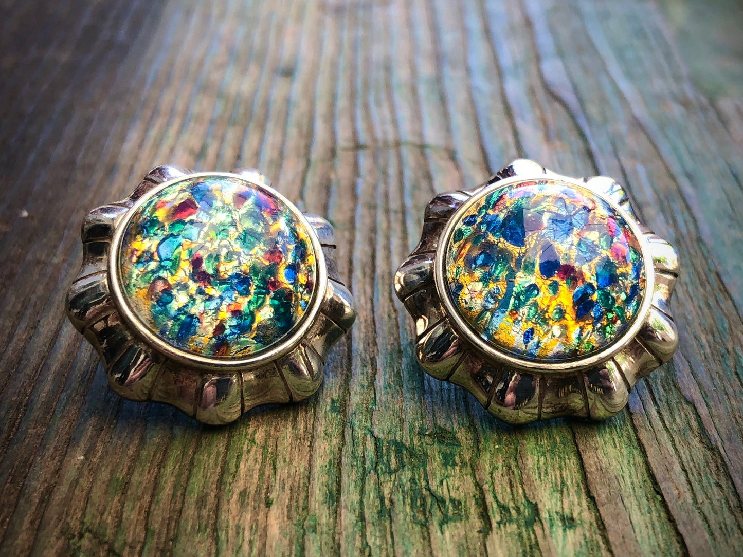 Dragons Breath Fire Opal Art Glass Sterling Silver Large Button Earrings