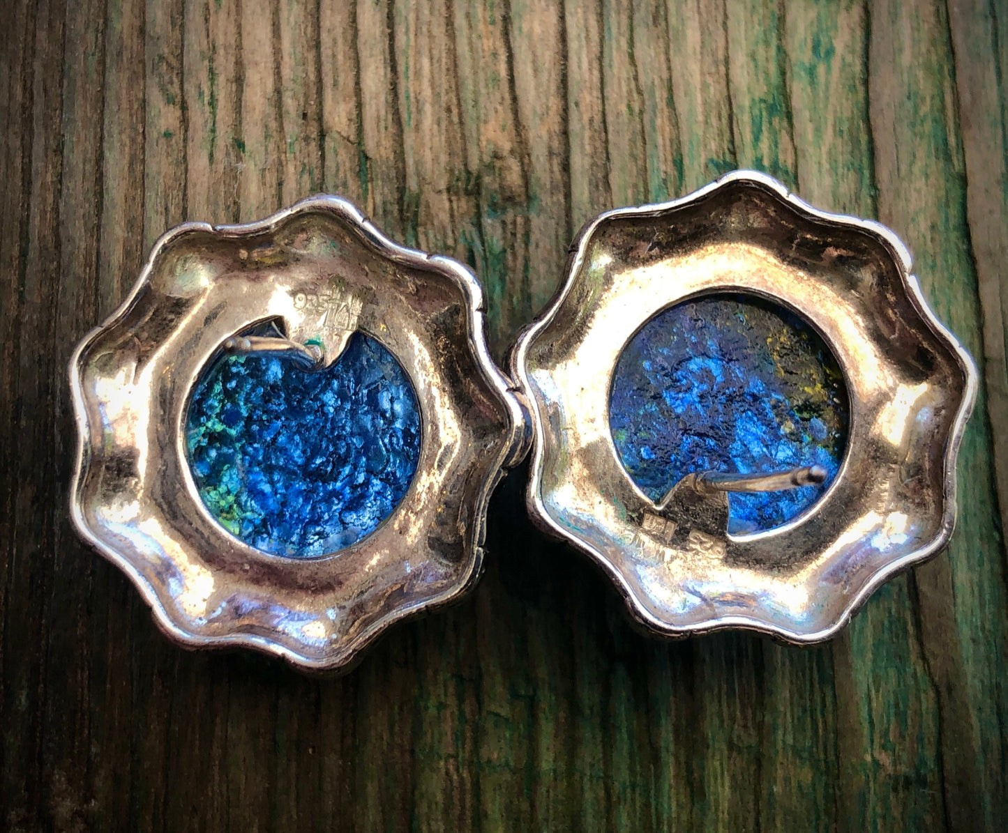 Dragons Breath Fire Opal Art Glass Sterling Silver Large Button Earrings