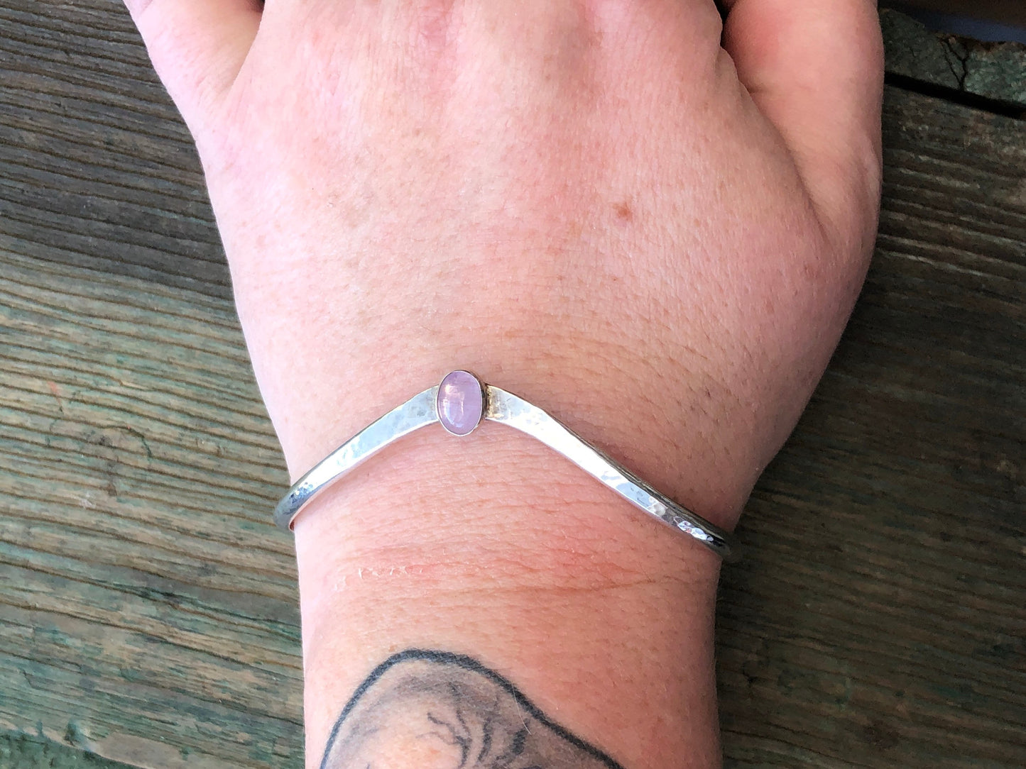 Vintage Hand Hammered Sterling Silver & Pink Rose Quartz Chevron Cuff Bracelet