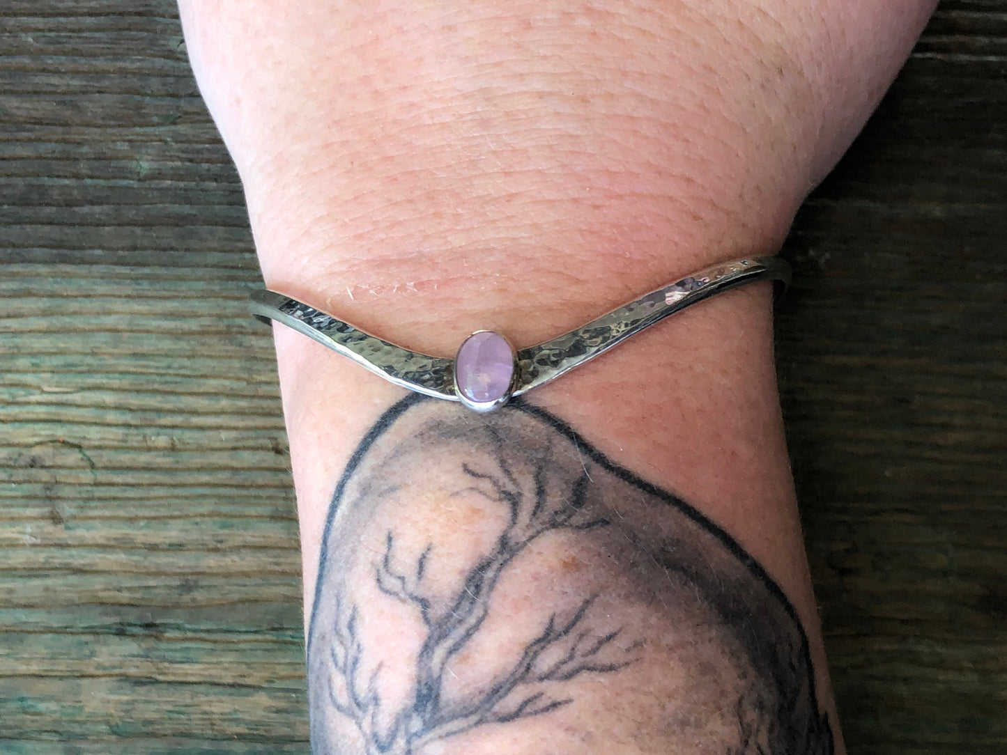 Vintage Hand Hammered Sterling Silver & Pink Rose Quartz Chevron Cuff Bracelet