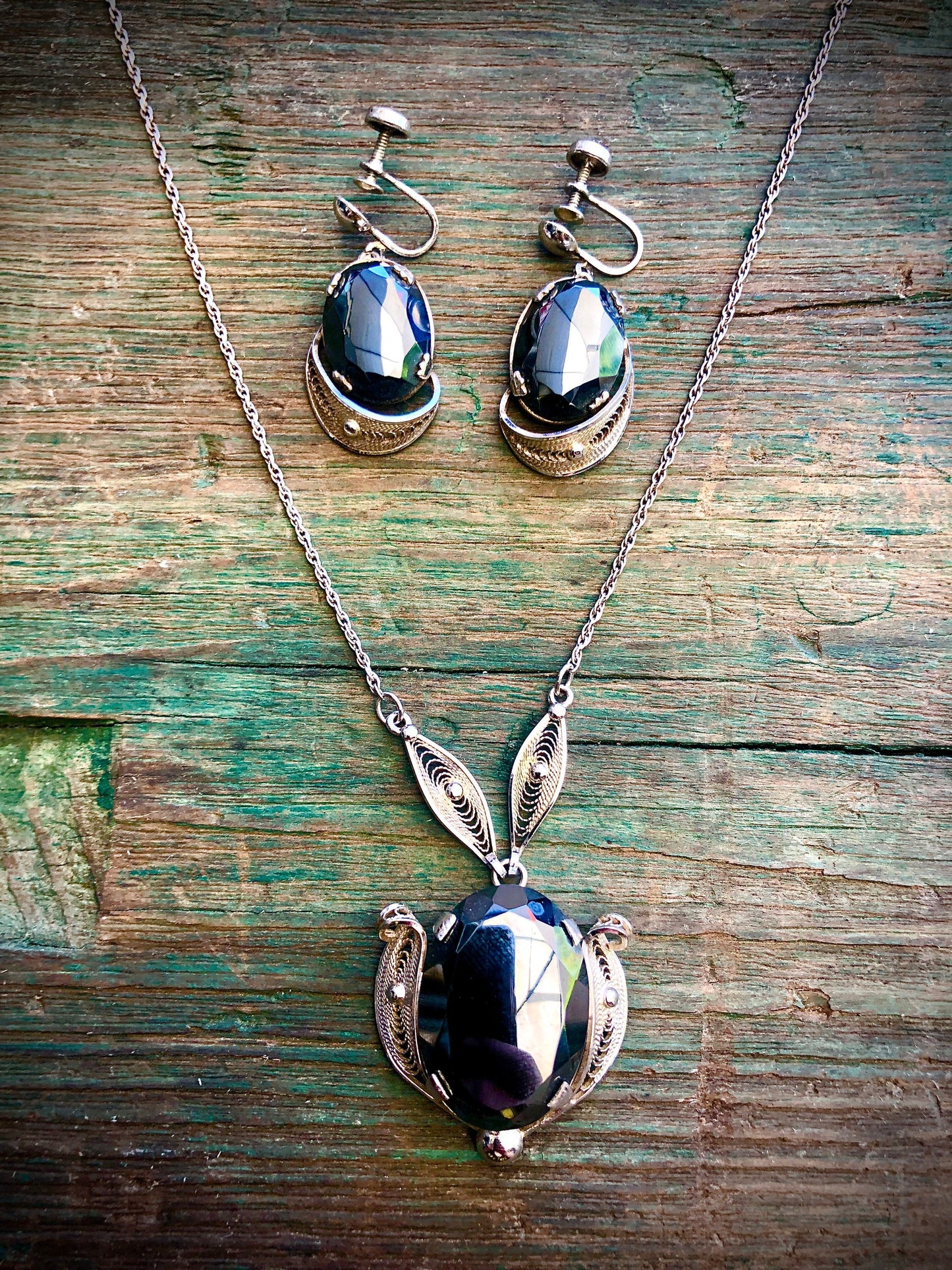 Vintage Sterling Silver Filigree & Faceted Hematite Signed Sorrento Necklace and Earring Set
