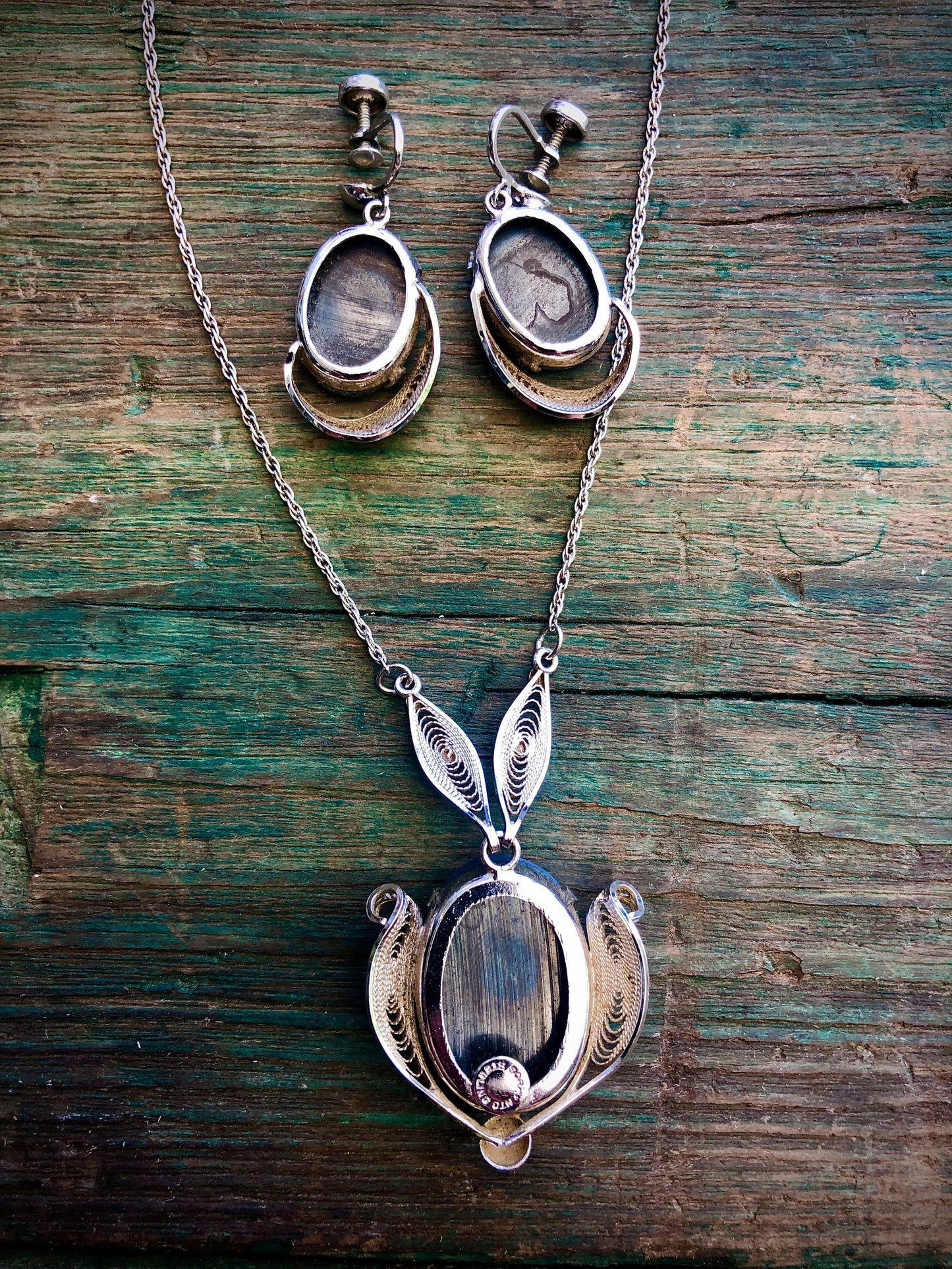 Vintage Sterling Silver Filigree & Faceted Hematite Signed Sorrento Necklace and Earring Set