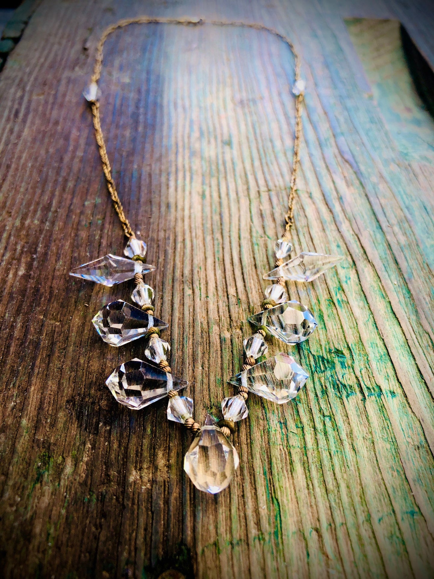 Antique Victorian Dangling Austrian Crystal Necklace on Gilded Gold Brass Peanut Chain