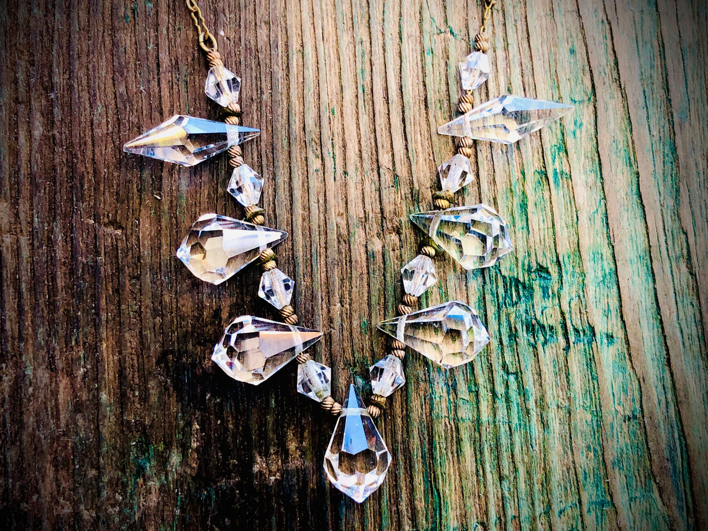 Antique Victorian Dangling Austrian Crystal Necklace on Gilded Gold Brass Peanut Chain