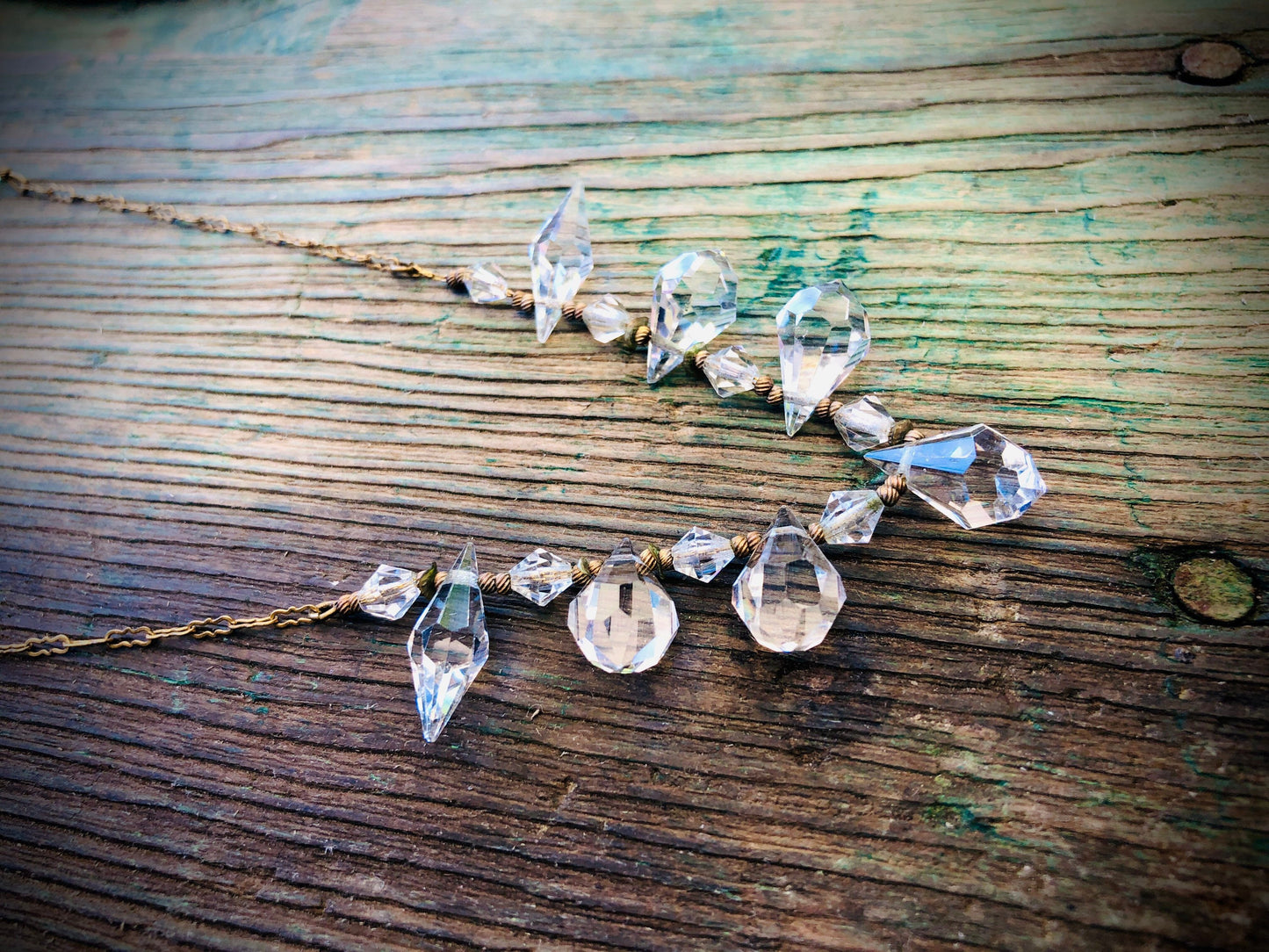 Antique Victorian Dangling Austrian Crystal Necklace on Gilded Gold Brass Peanut Chain