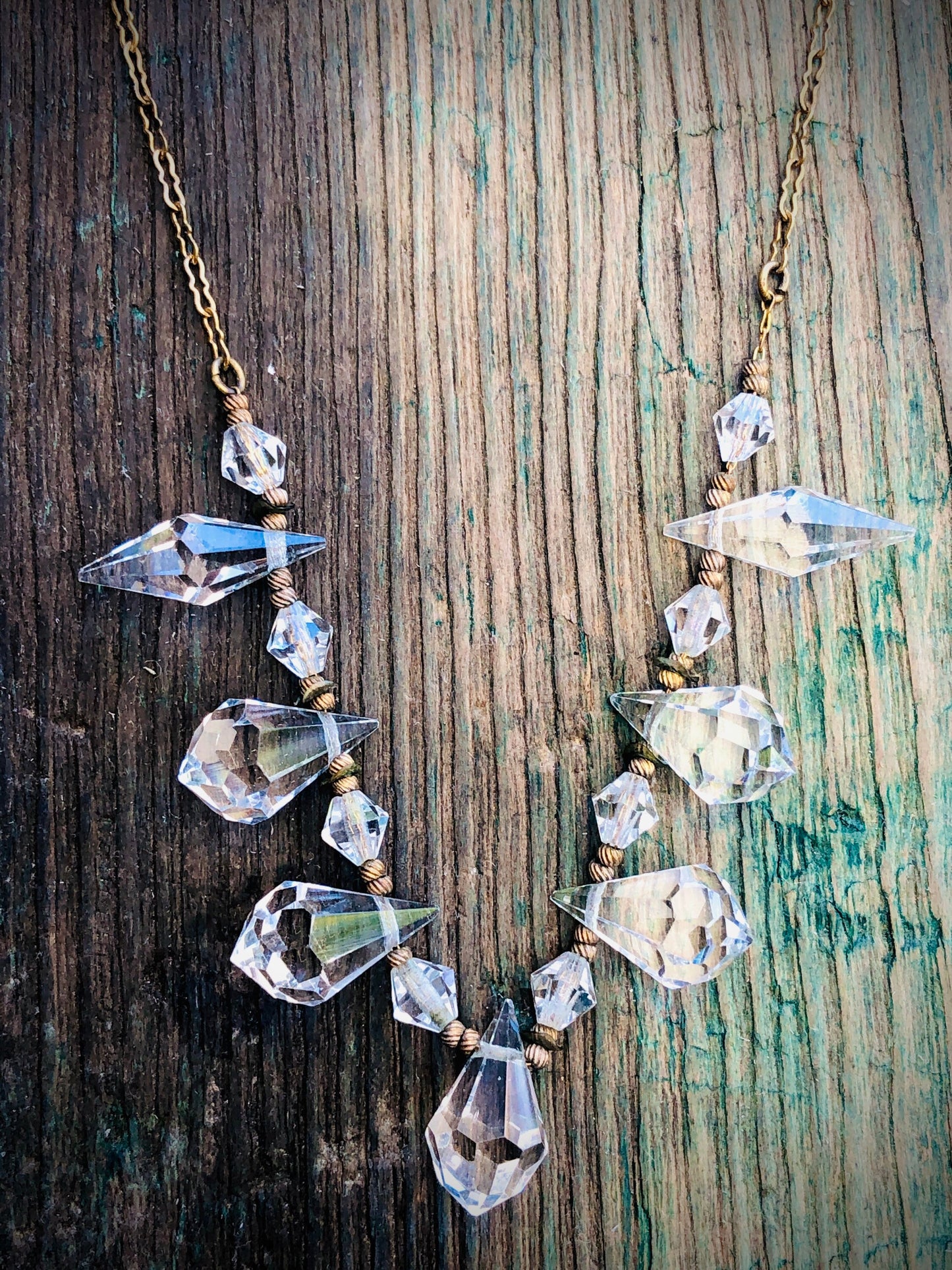 Antique Victorian Dangling Austrian Crystal Necklace on Gilded Gold Brass Peanut Chain