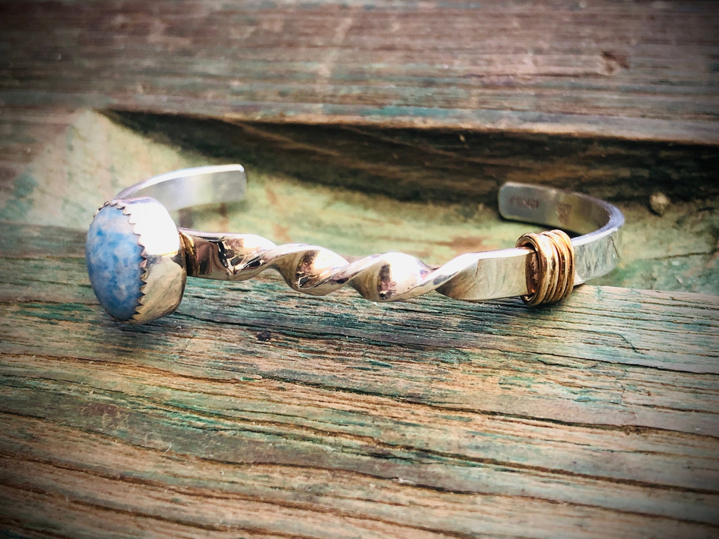 Vintage Sterling Silver & 12K GF Larimar Gemstone Twisted Cuff Bracelet