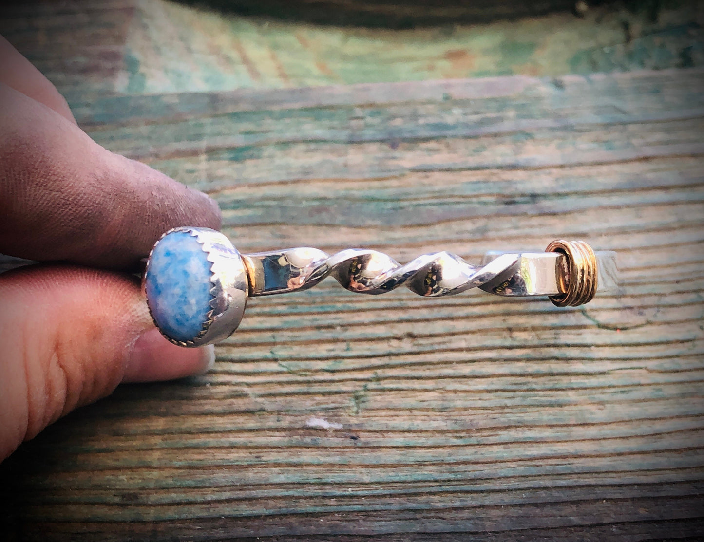 Vintage Sterling Silver & 12K GF Larimar Gemstone Twisted Cuff Bracelet