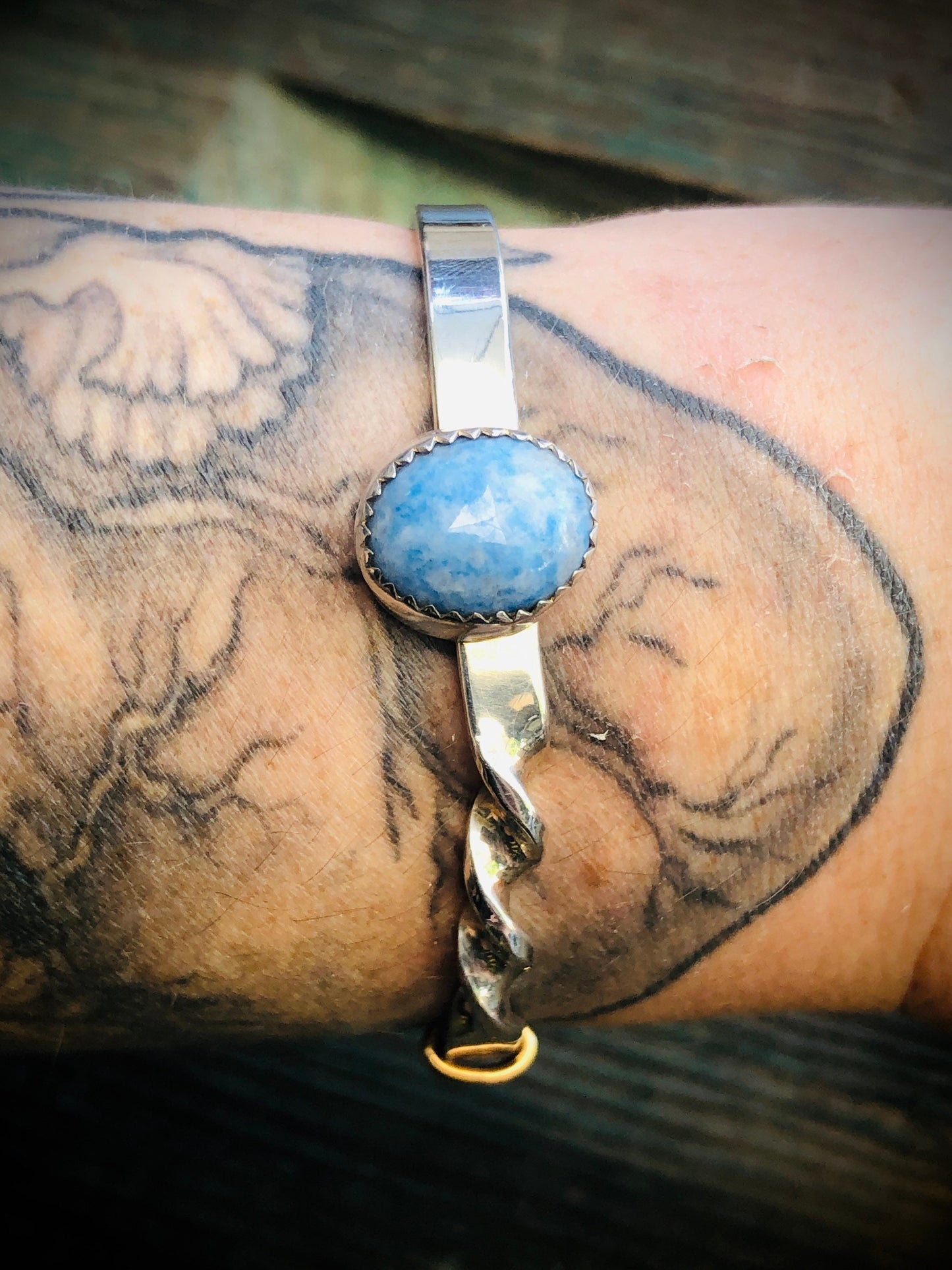 Vintage Sterling Silver & 12K GF Larimar Gemstone Twisted Cuff Bracelet