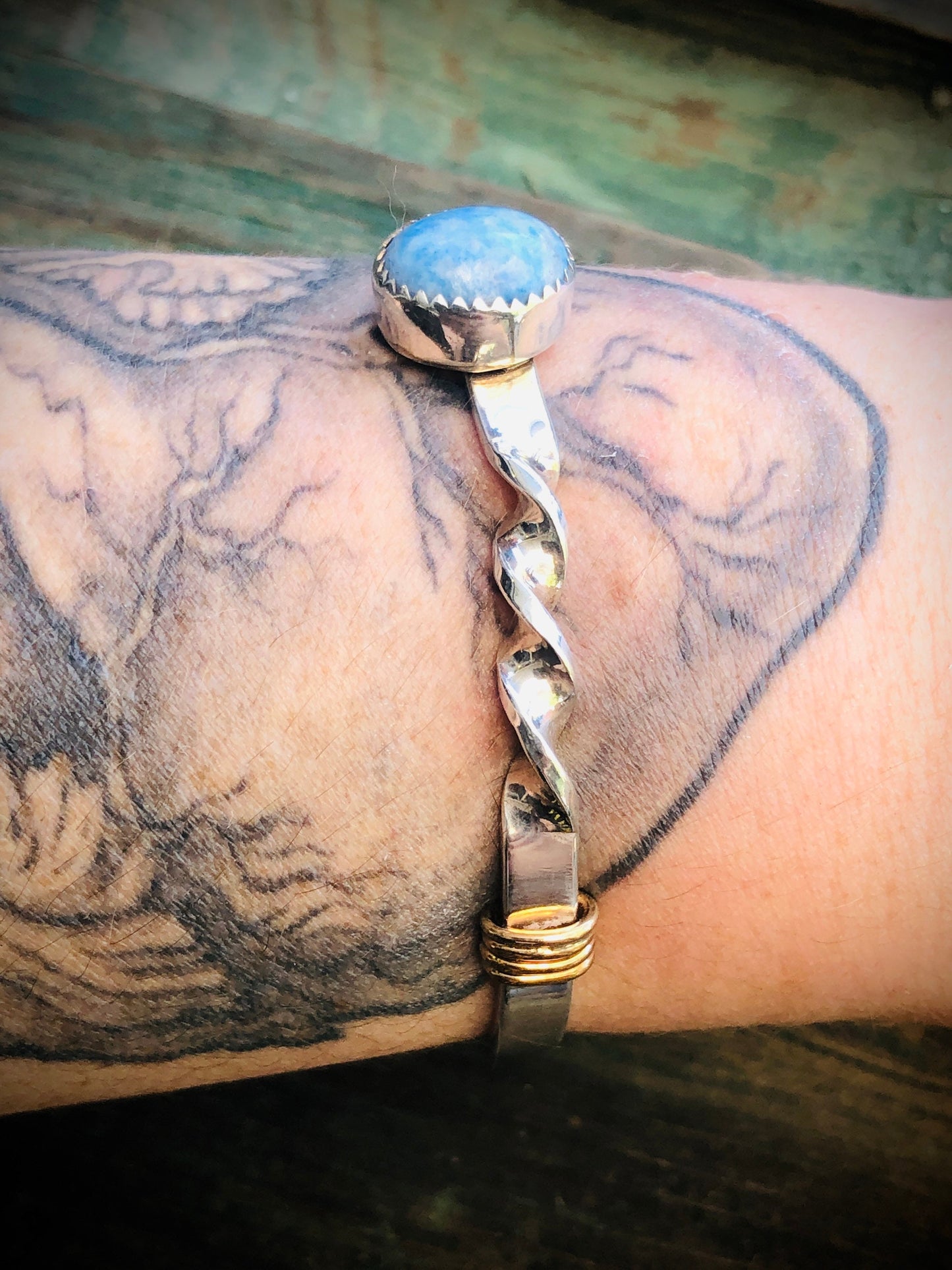Vintage Sterling Silver & 12K GF Larimar Gemstone Twisted Cuff Bracelet