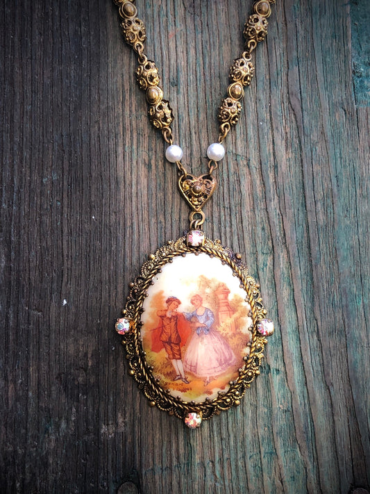 Vintage Signed Fragonard Courting Couple Limoge West German Gold Filigree Cameo Necklace with Aurora Borealis Crystal & Pearl