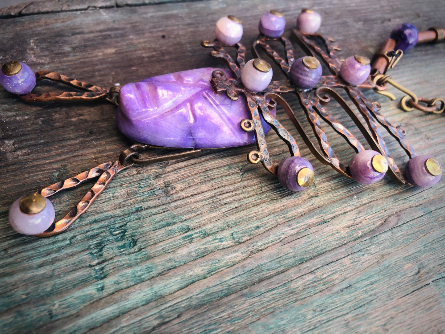 Vintage Mexican Copper & Brass Purple Agate Carved Stone Face Mask & Bead Mixed Metal Necklace