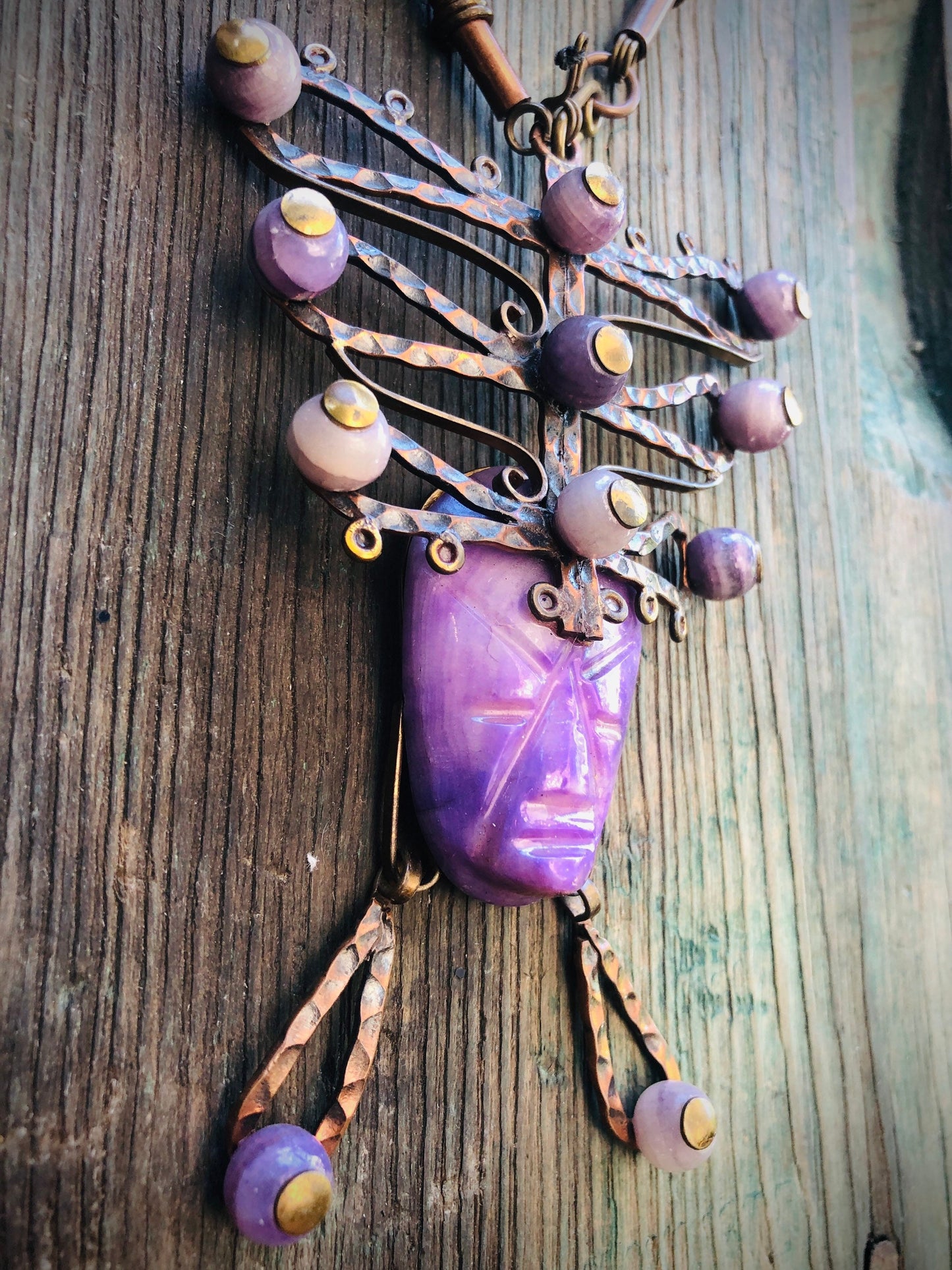 Vintage Mexican Copper & Brass Purple Agate Carved Stone Face Mask & Bead Mixed Metal Necklace