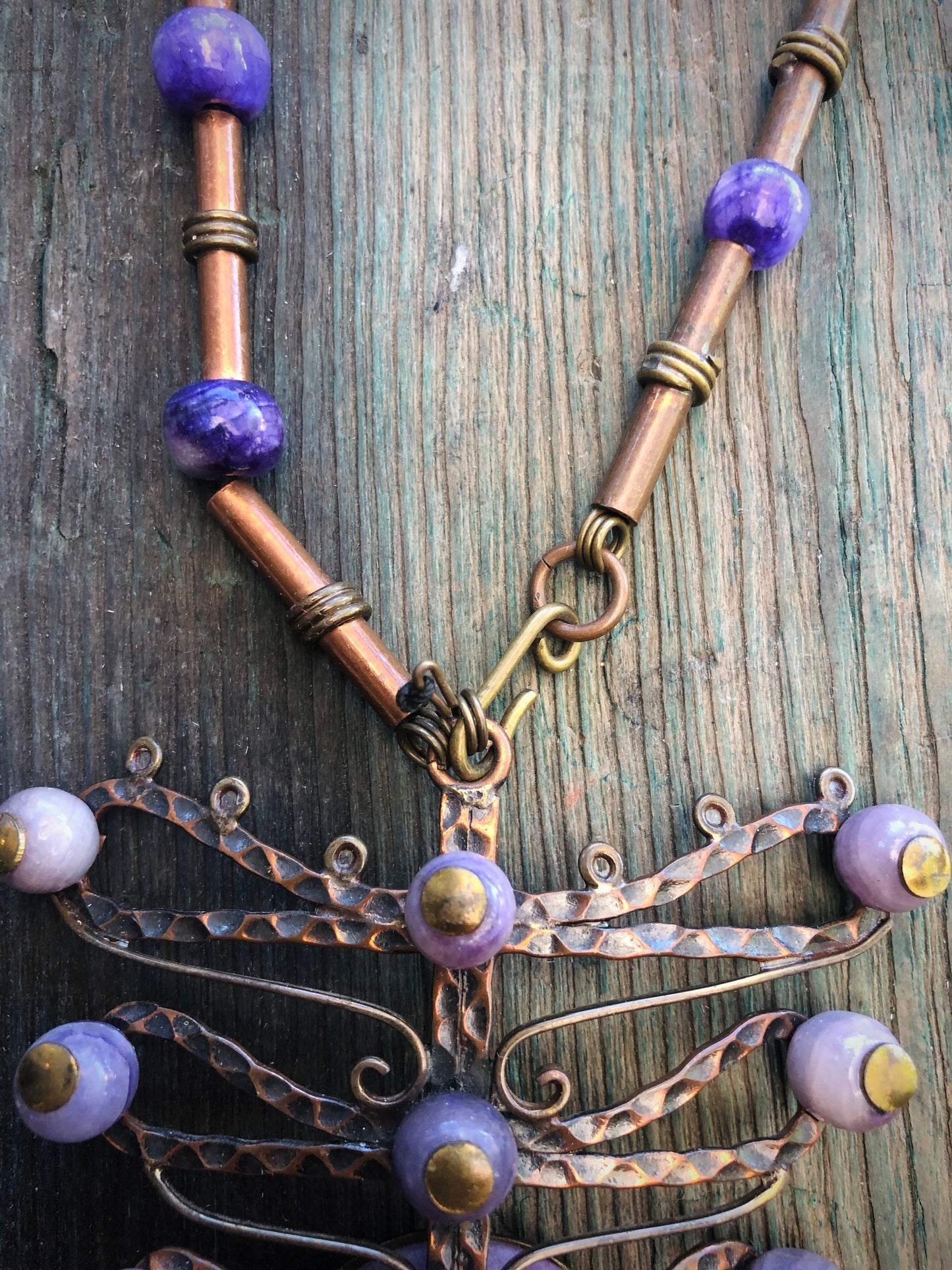 Vintage Mexican Copper & Brass Purple Agate Carved Stone Face Mask & Bead Mixed Metal Necklace