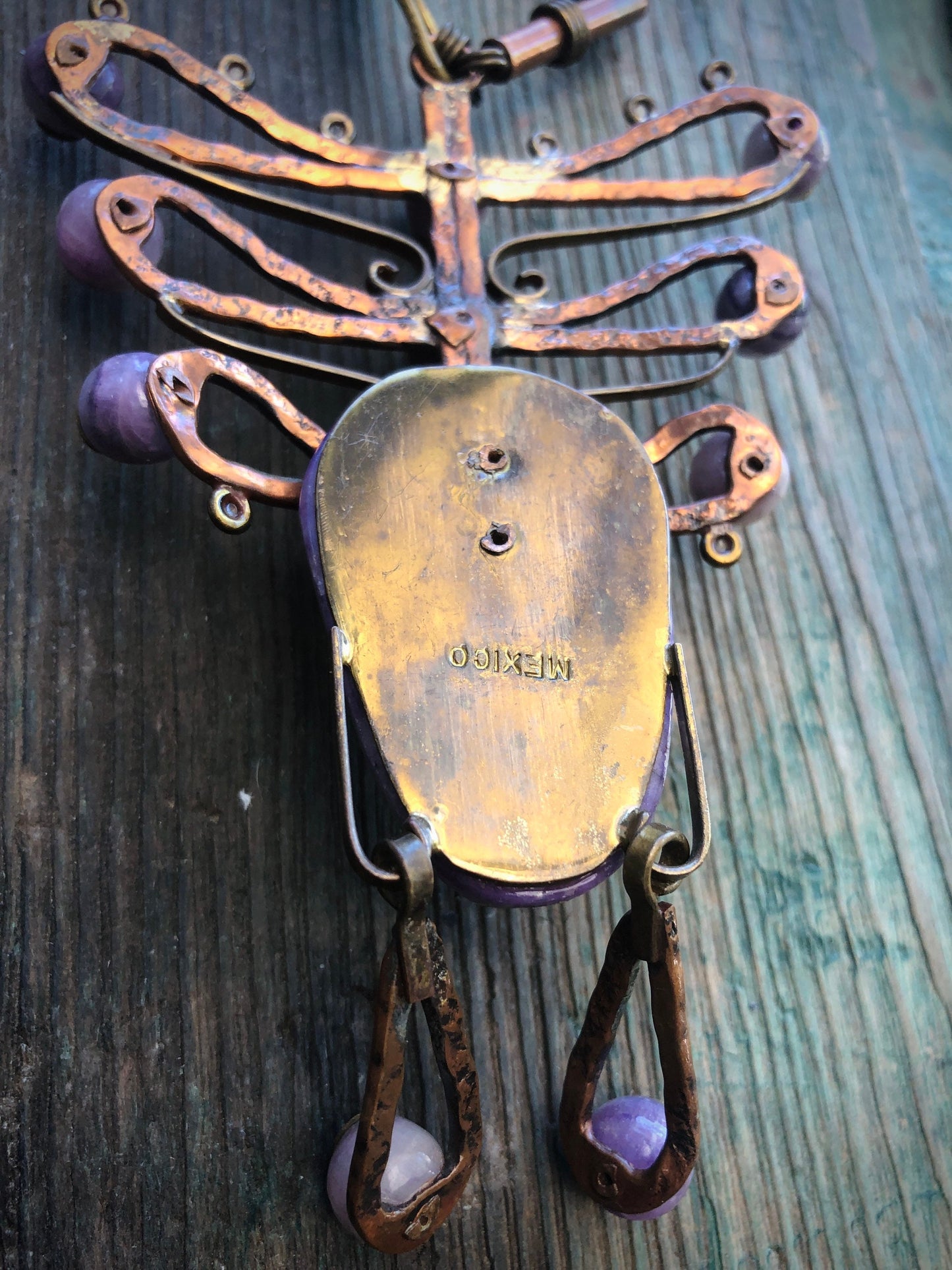 Vintage Mexican Copper & Brass Purple Agate Carved Stone Face Mask & Bead Mixed Metal Necklace