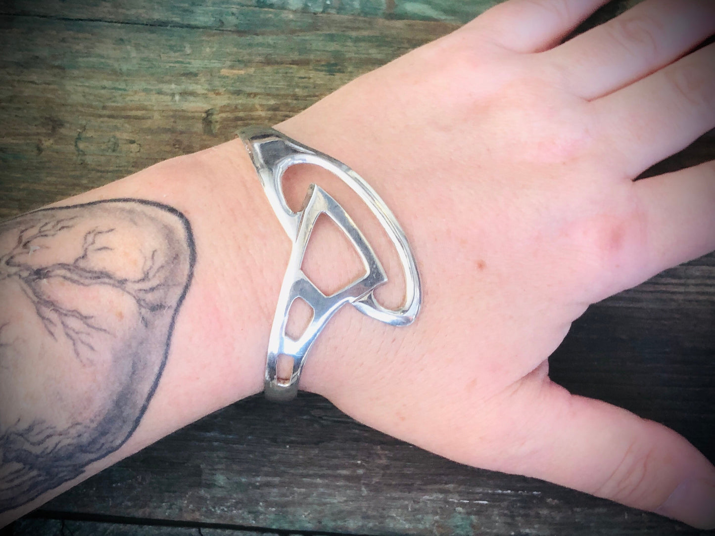 Vintage Modernist Mexican Geometric Chevron Sterling Silver Cuff Bracelet