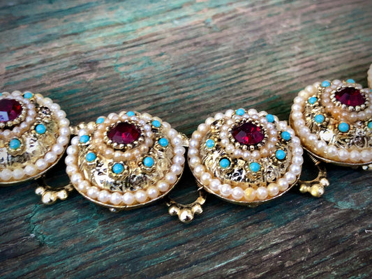 Vintage Chunky Gold Bookchain Ruby Red Crystal, Pearl & Turquoise Bracelet