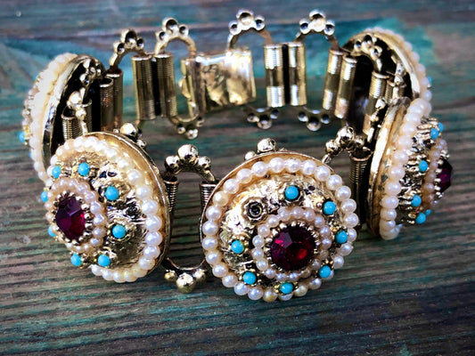 Vintage Chunky Gold Bookchain Ruby Red Crystal, Pearl & Turquoise Bracelet