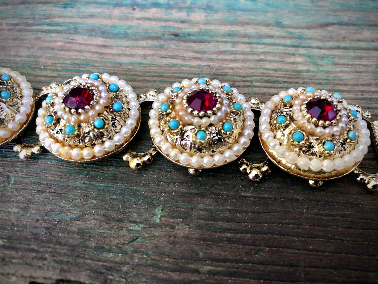 Vintage Chunky Gold Bookchain Ruby Red Crystal, Pearl & Turquoise Bracelet