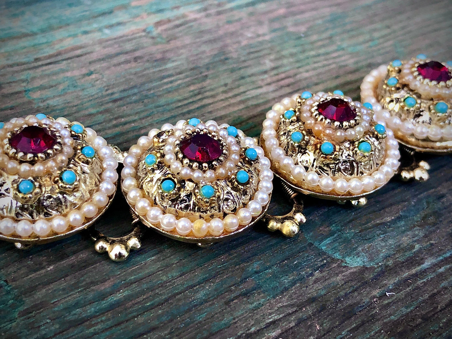 Vintage Chunky Gold Bookchain Ruby Red Crystal, Pearl & Turquoise Bracelet
