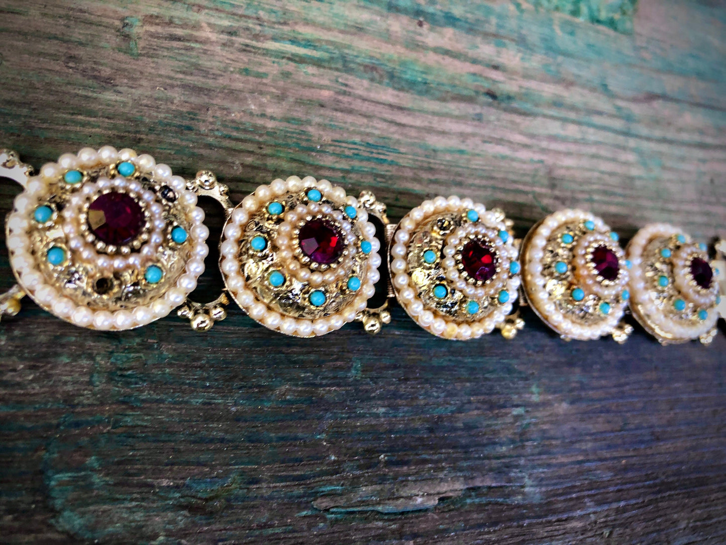 Vintage Chunky Gold Bookchain Ruby Red Crystal, Pearl & Turquoise Bracelet