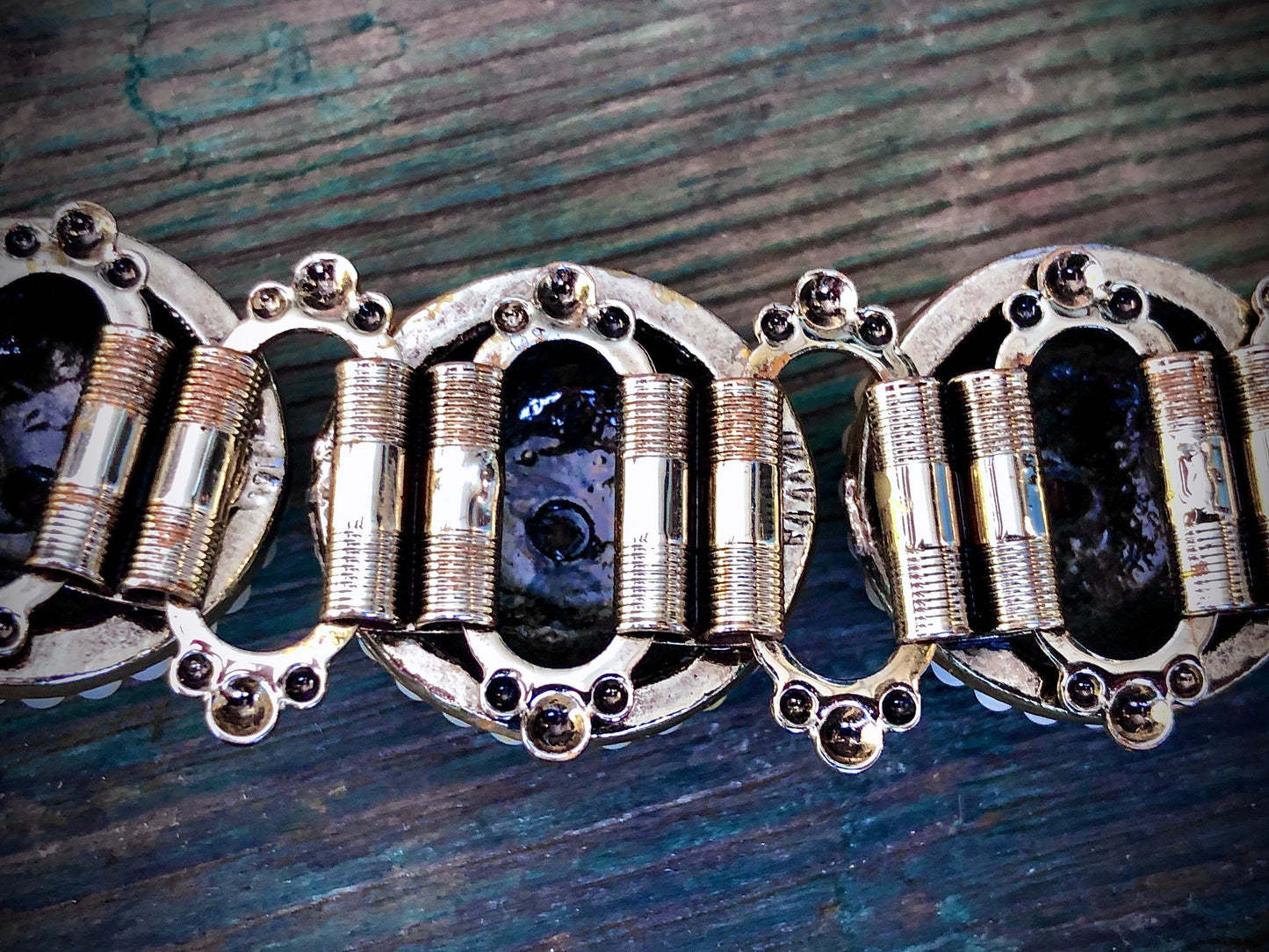Vintage Chunky Gold Bookchain Ruby Red Crystal, Pearl & Turquoise Bracelet