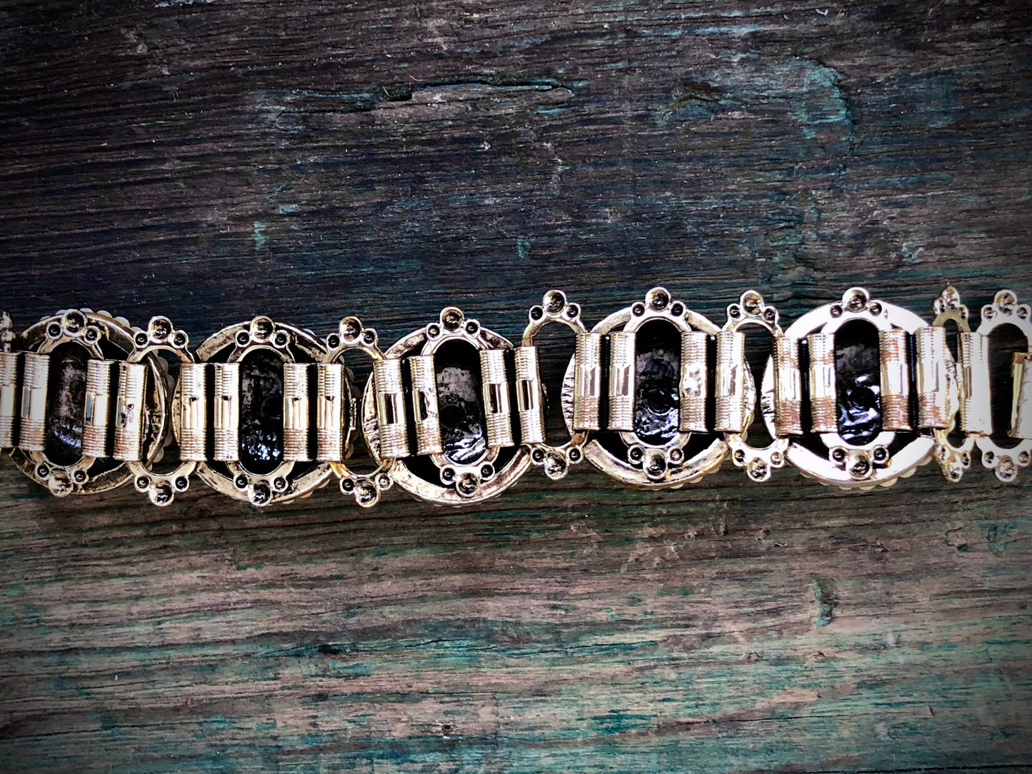Vintage Chunky Gold Bookchain Ruby Red Crystal, Pearl & Turquoise Bracelet