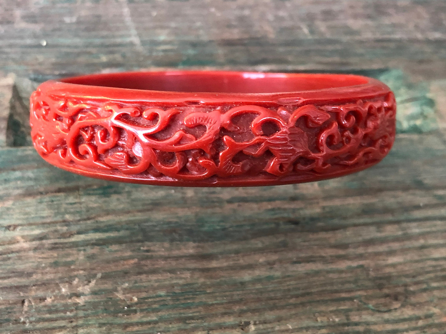 Vintage Red Cinnabar Molded Early Plastic Floral Carved Design Bangle Bracelet