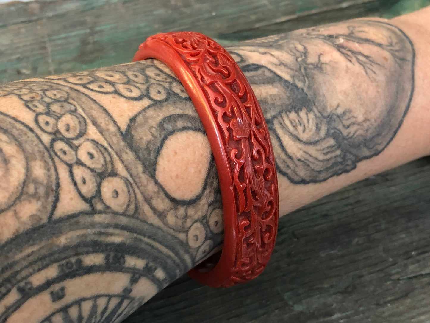Vintage Red Cinnabar Molded Early Plastic Floral Carved Design Bangle Bracelet