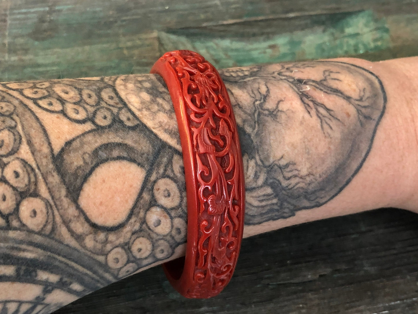 Vintage Red Cinnabar Molded Early Plastic Floral Carved Design Bangle Bracelet