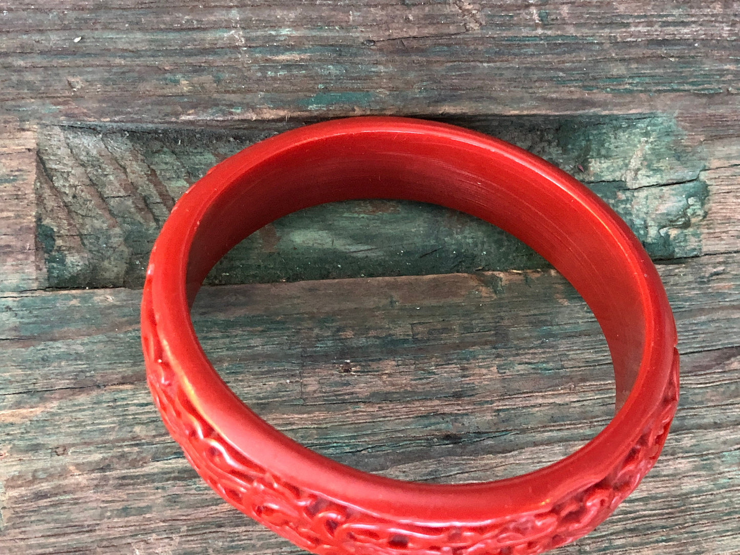 Vintage Red Cinnabar Molded Early Plastic Floral Carved Design Bangle Bracelet