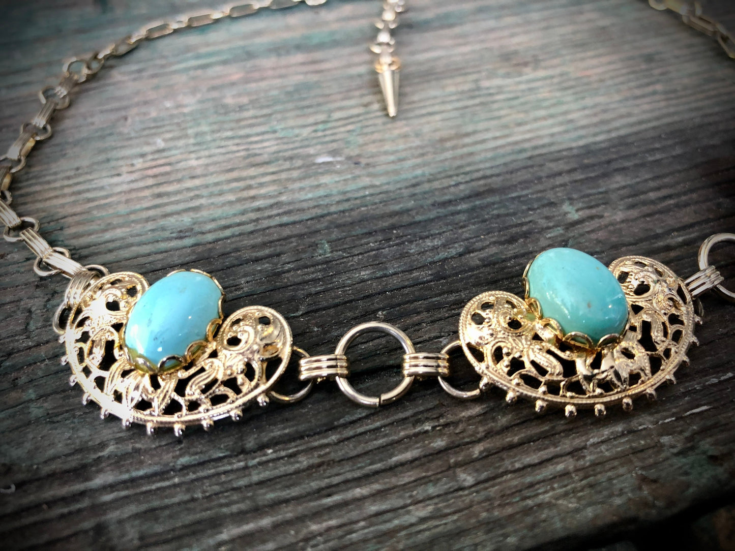 Vintage 1950s Gold Stamping Panel Necklace with Robins Egg Turquoise Blue Glass Cabochons