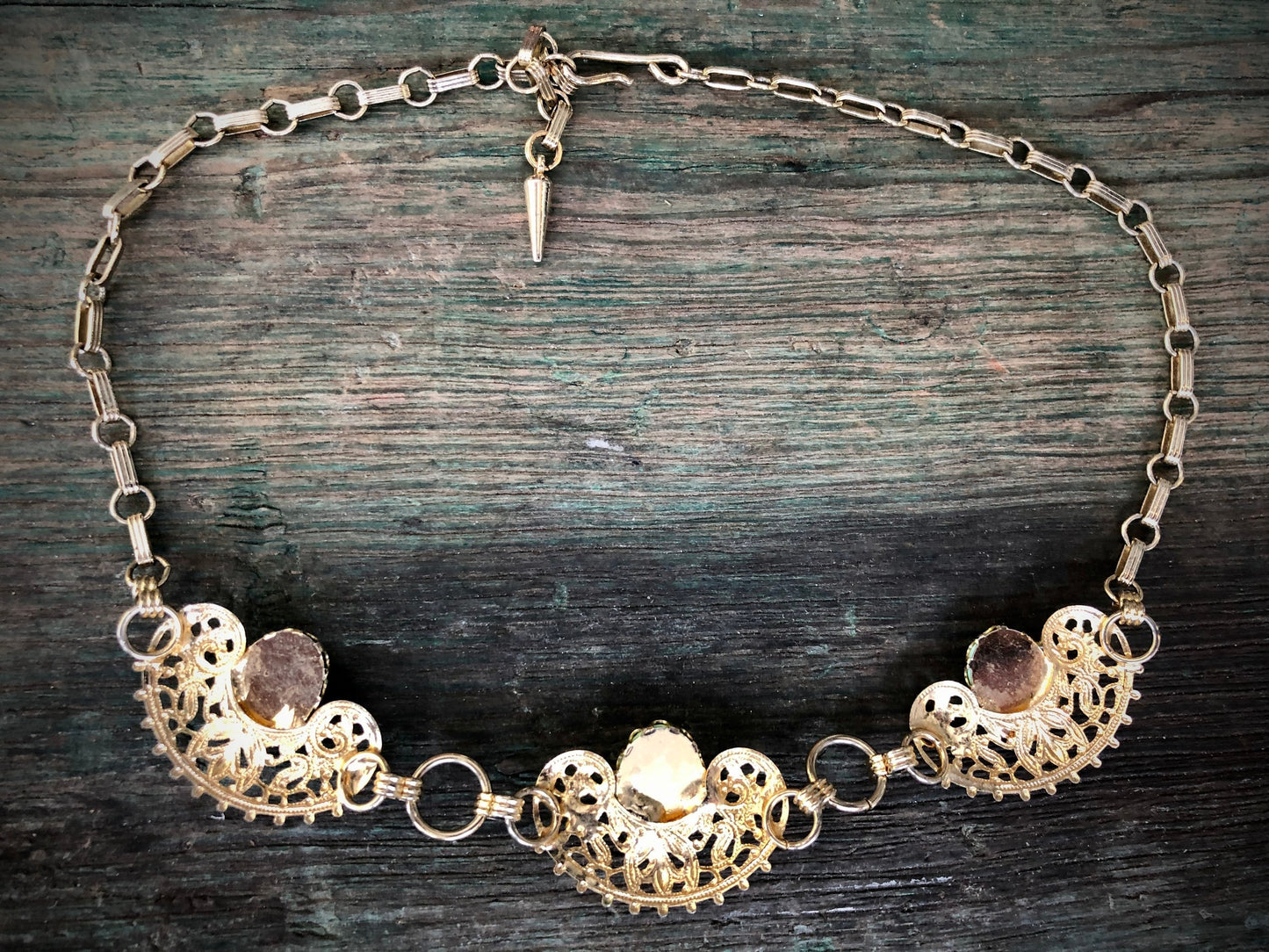 Vintage 1950s Gold Stamping Panel Necklace with Robins Egg Turquoise Blue Glass Cabochons