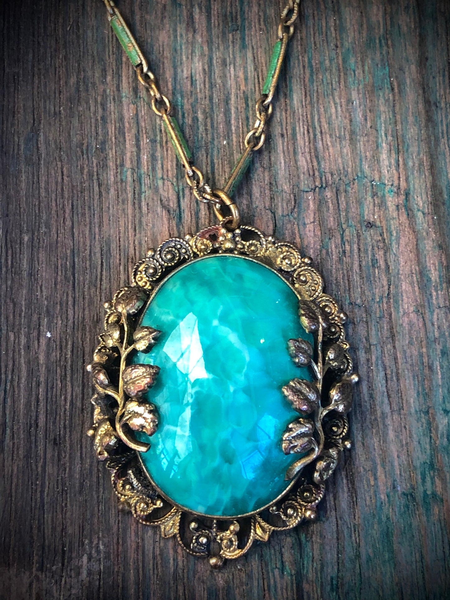 Art Nouveau Czech Peking Green Marble Art Glass Enamel Brass Filigree Necklace