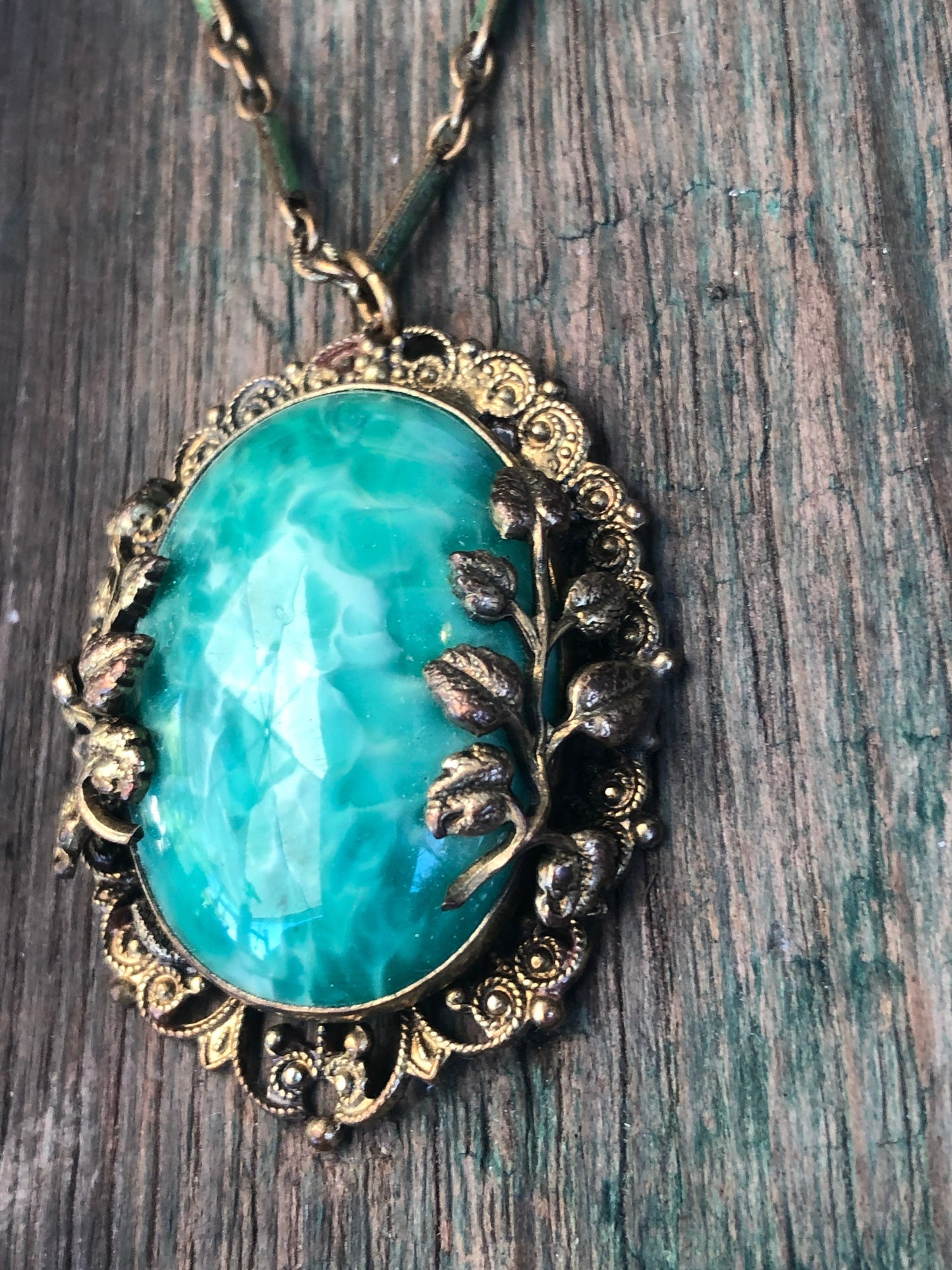 Art Nouveau Czech Peking Green Marble Art Glass Enamel Brass Filigree Necklace