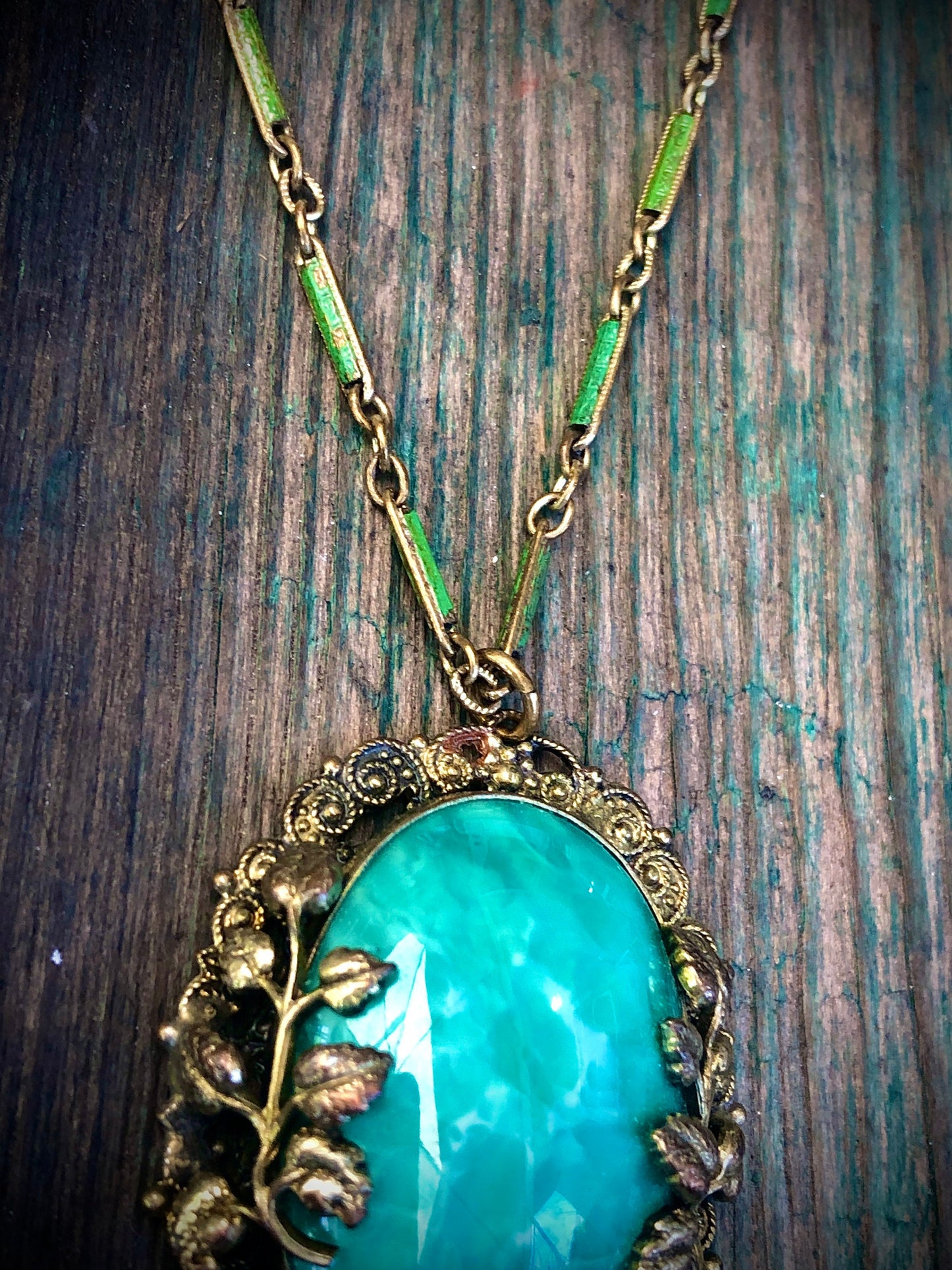 Art Nouveau Czech Peking Green Marble Art Glass Enamel Brass Filigree Necklace