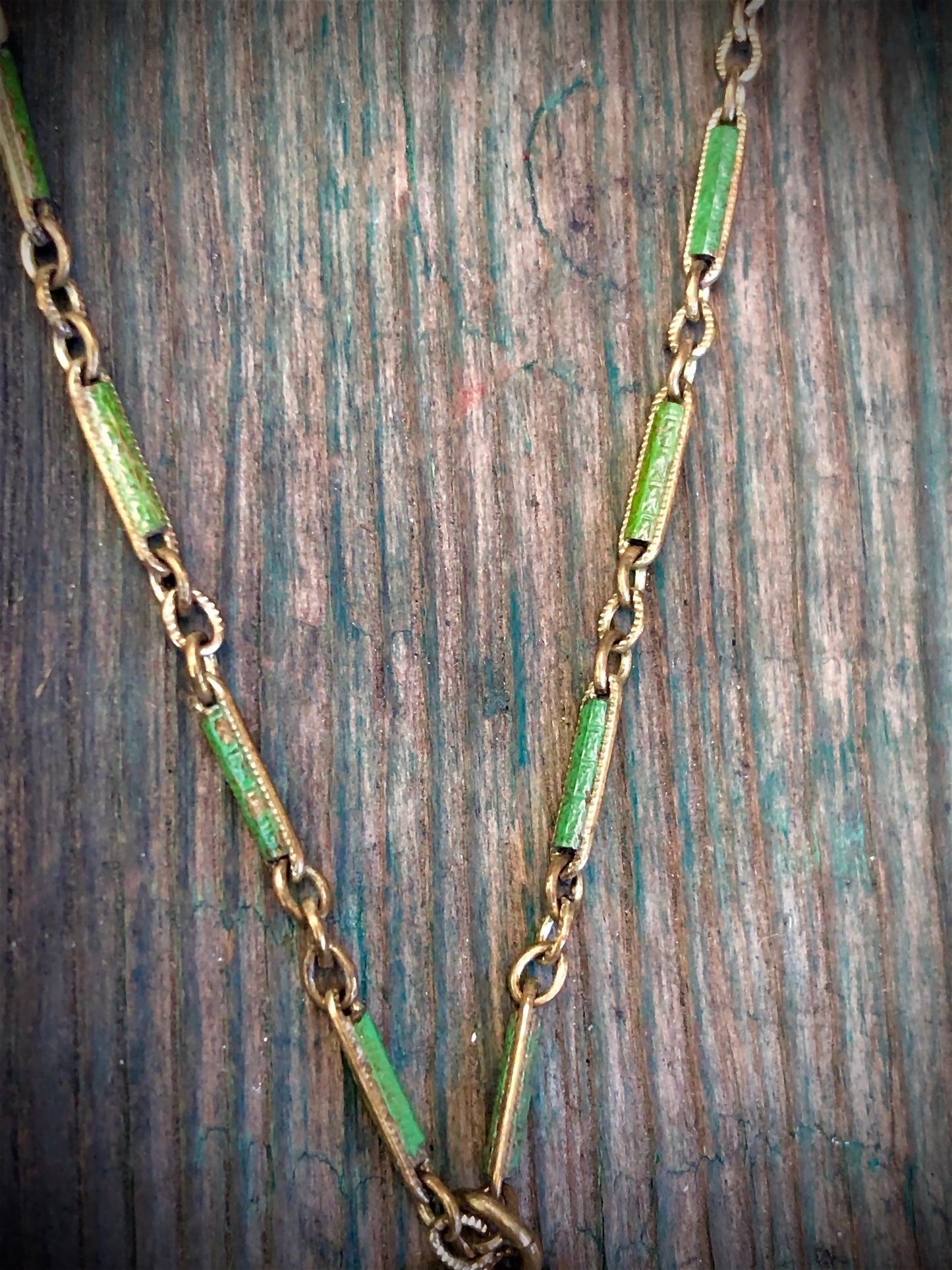 Art Nouveau Czech Peking Green Marble Art Glass Enamel Brass Filigree Necklace