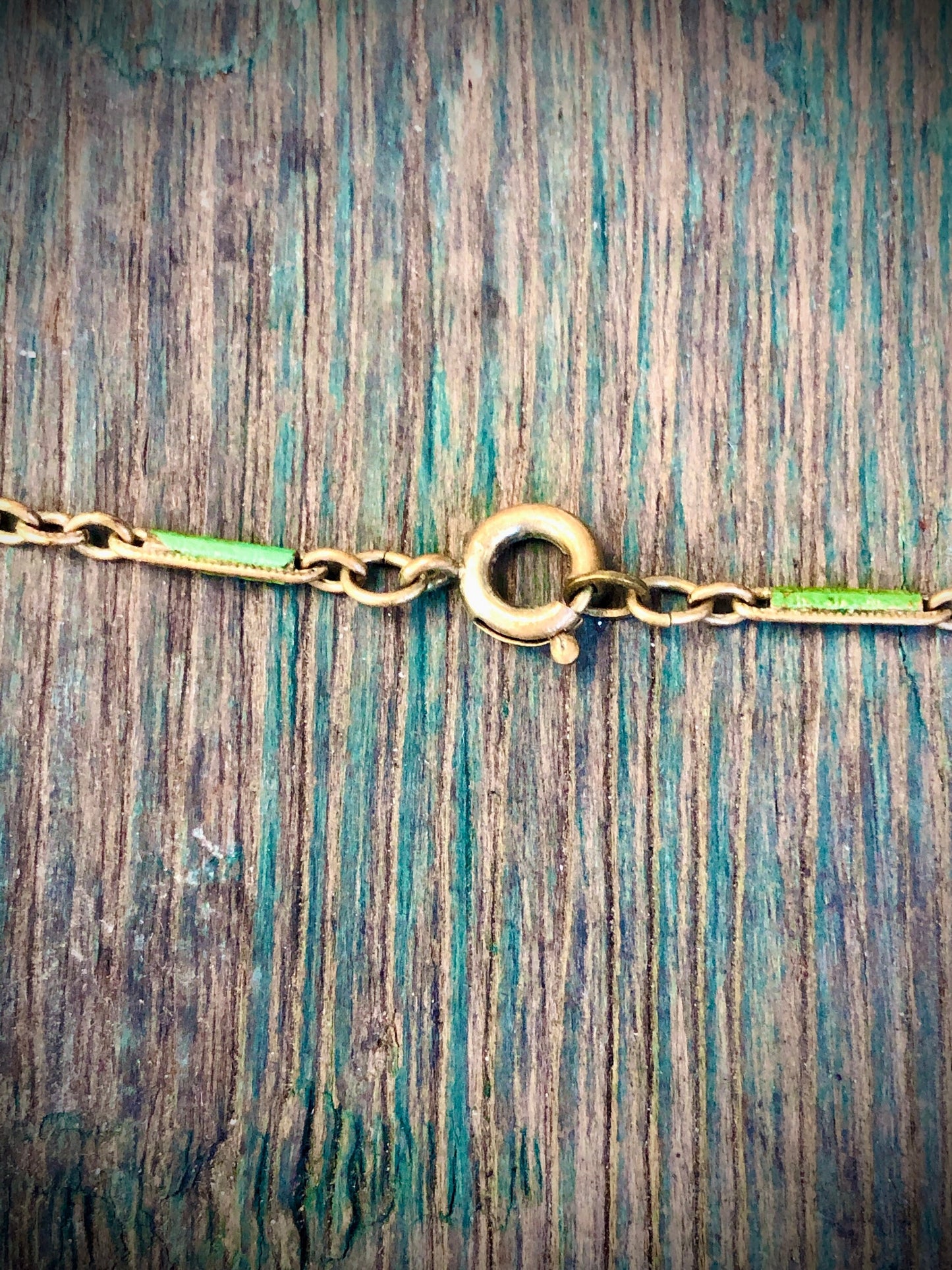 Art Nouveau Czech Peking Green Marble Art Glass Enamel Brass Filigree Necklace