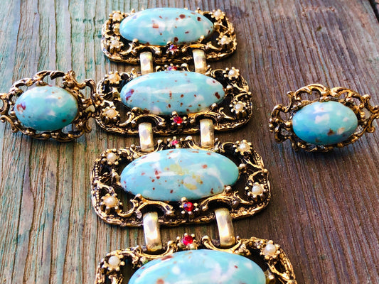 Turquoise Hubbell Glass Chunky Gold Panel Bracelet w/ Ruby Crystal & Earring Set